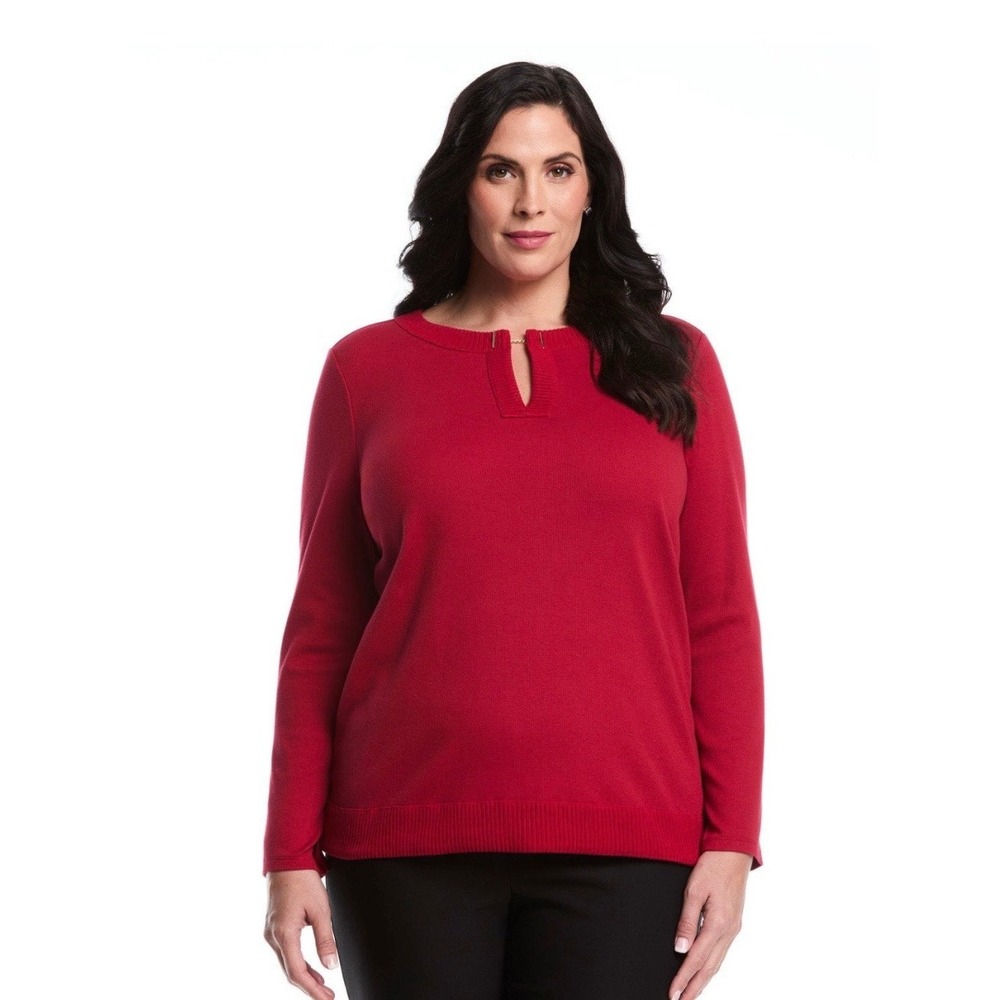 Rafaella Women Rio Red Ribbed V-Neck Knit Top Sweater Gold Chain 2XL nwt
